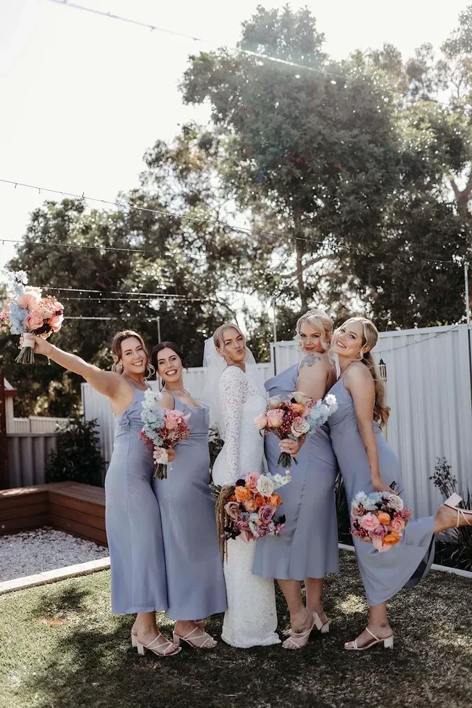 Perth bridesmaids in dusty-blue dresses with coordinated makeup by Chelsea Crocos
