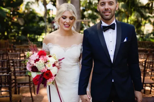 Bride and groom with a bouquet